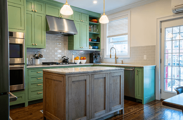 Kitchen remodel idea for Kitchen cabinets in light sage green color