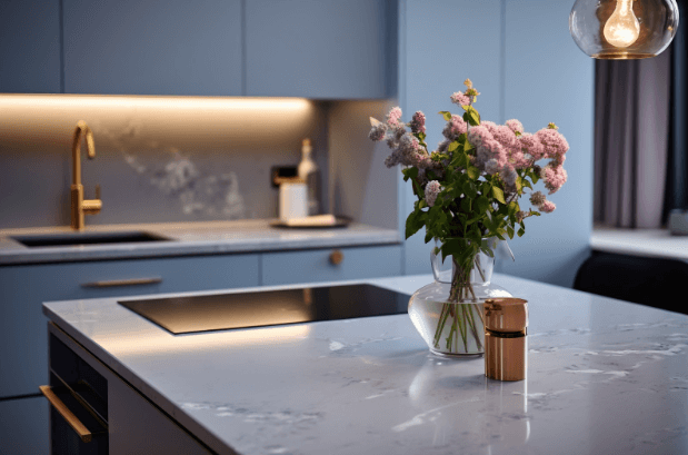 A gorgeous kitchen remodel design featuring quartz kitchen countertops